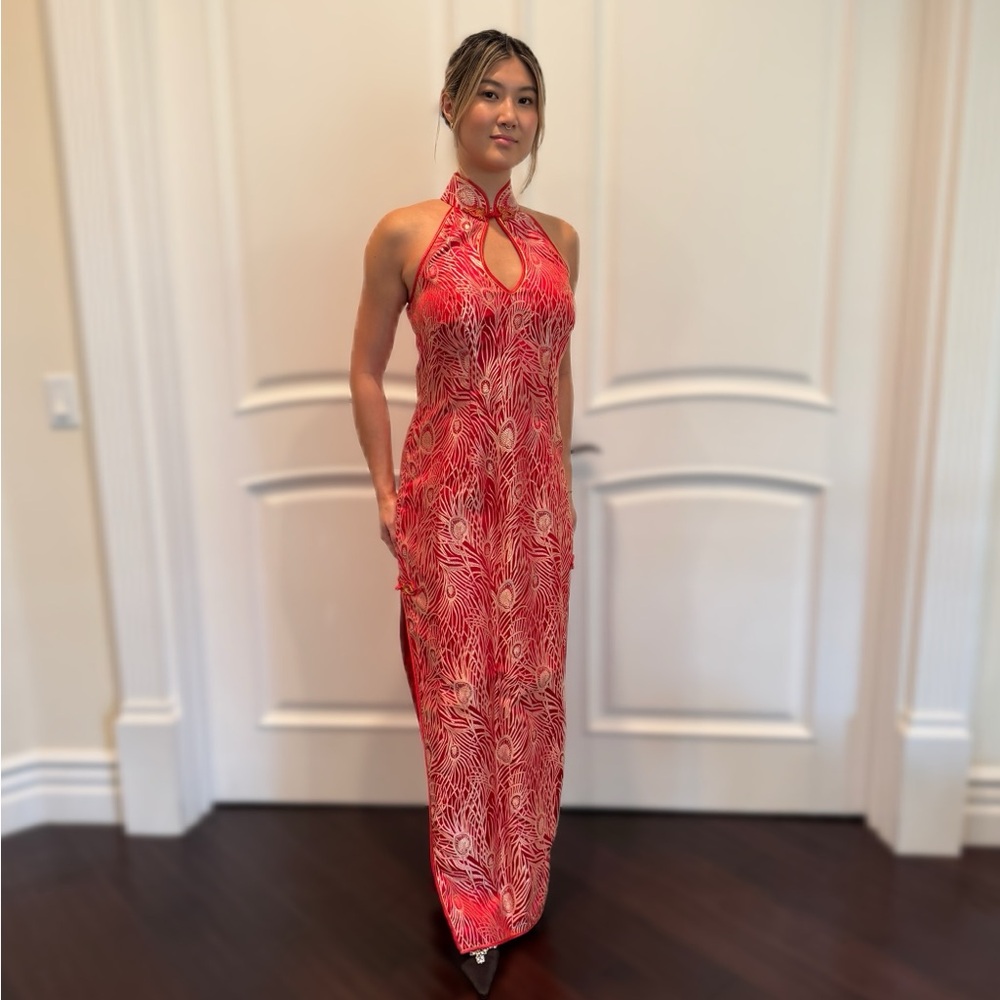Red Peacock Brocade Halter Qipao / Cheongsam Maxi Dress – Keyhole Front & Back